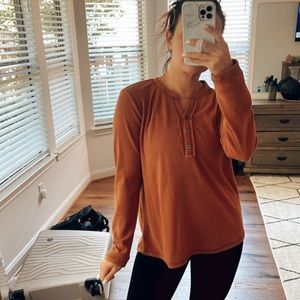 Rust Ribbed Top Stitch Long Sleeve Top